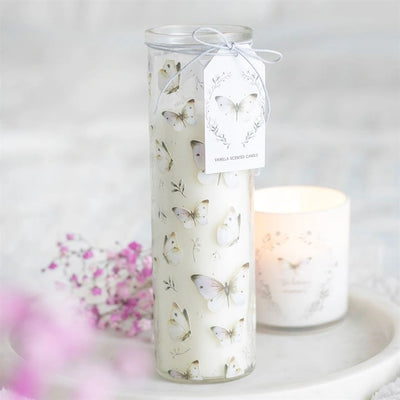 White Butterfly Print Vanilla Tube Candle image 0