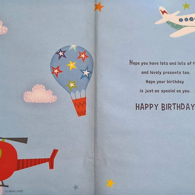 Aeroplane, Helicopter and Balloon Birthday Card Daisy Devotion