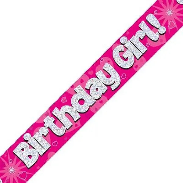 BIRTHDAY GIRL PINK HOLOGRAPHIC 9FT FOIL BANNER Daisy Devotion