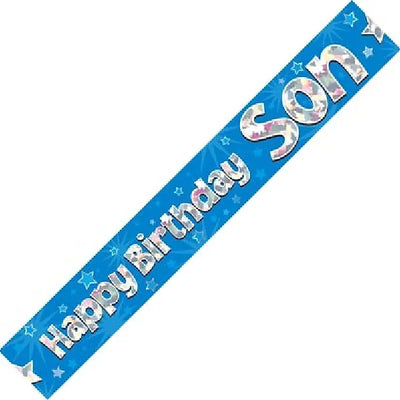 HAPPY BIRTHDAY SON BLUE HOLOGRAPHIC 9FT FOIL BANNER Daisy Devotion