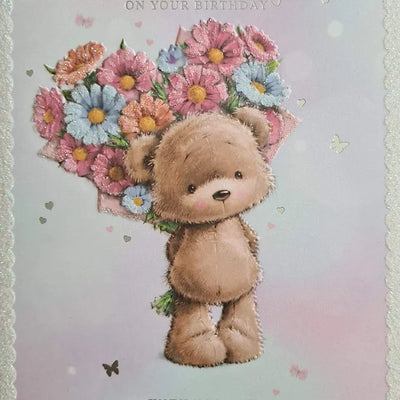 Happy Birthday Wife Flowery Teddy Card Daisy Devotion