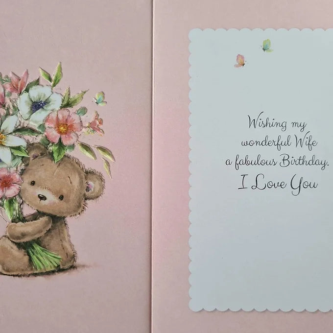 Happy Birthday Wife Pink Flowery Teddy Card Daisy Devotion