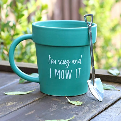 Sexy and I Mow It Pot Mug and Shovel Spoon Daisy Devotion