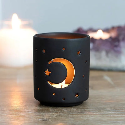 Small Black Mystical Moon Cut Out Tealight Holder Daisy Devotion