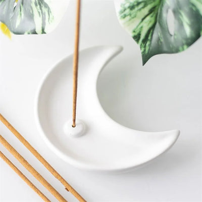 White Crescent Moon Incense Stick Holder Daisy Devotion